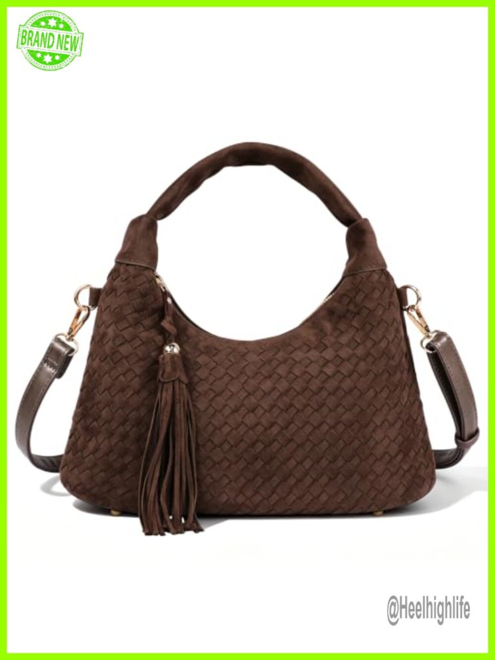 Woven Suede Hobo Satchel Tassel Top Zip Crossbody Shoulder Bag